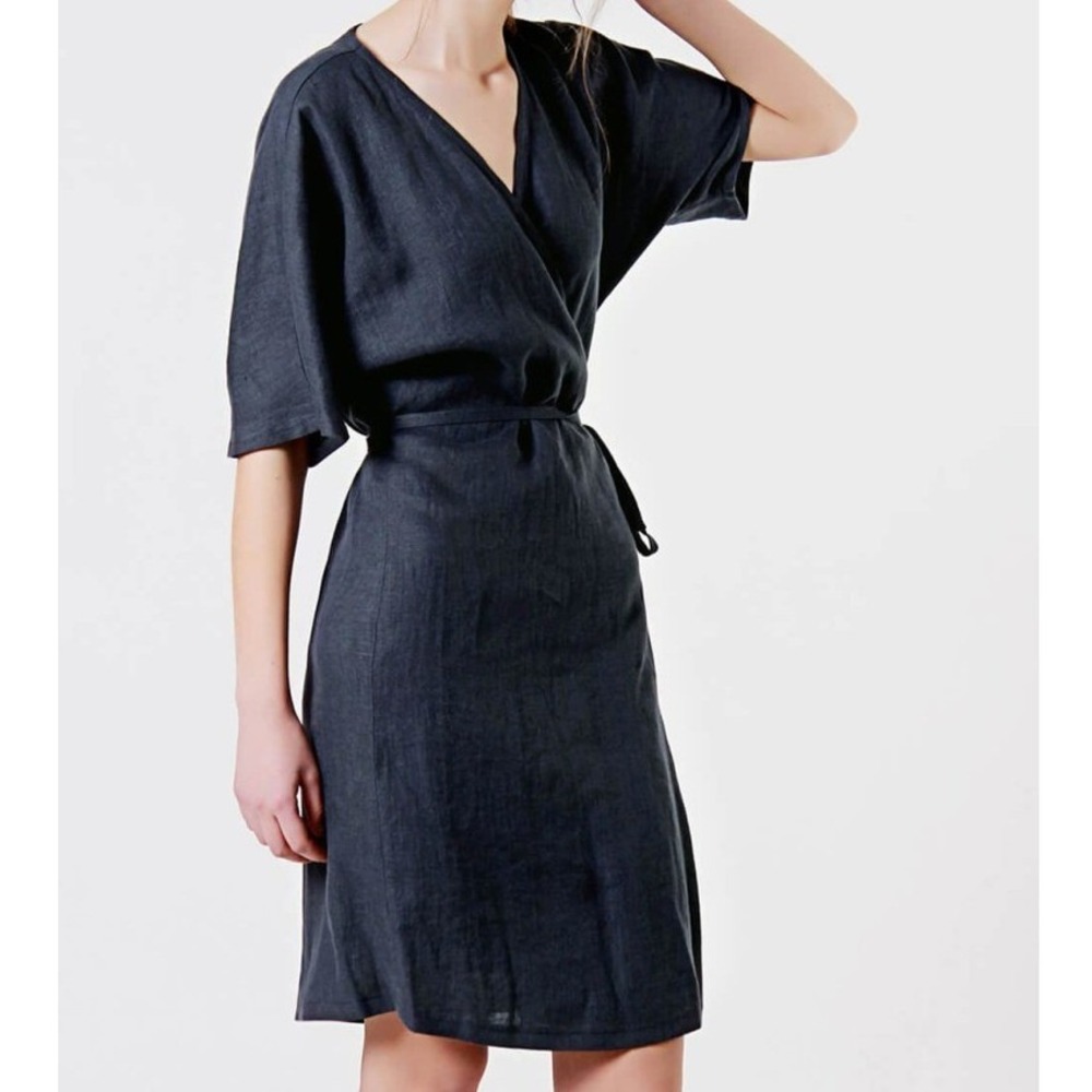 Linen Handmade Studio Noelle Gray Wrap Dress Short Sleeve Midi Lagenlook Small